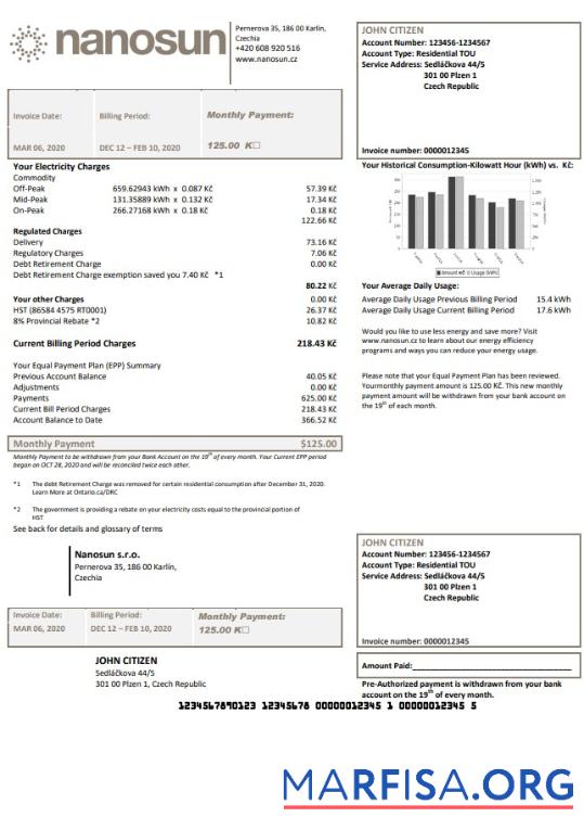 Blank Czech Republic Nanosun s.r.o utility bill download for verification